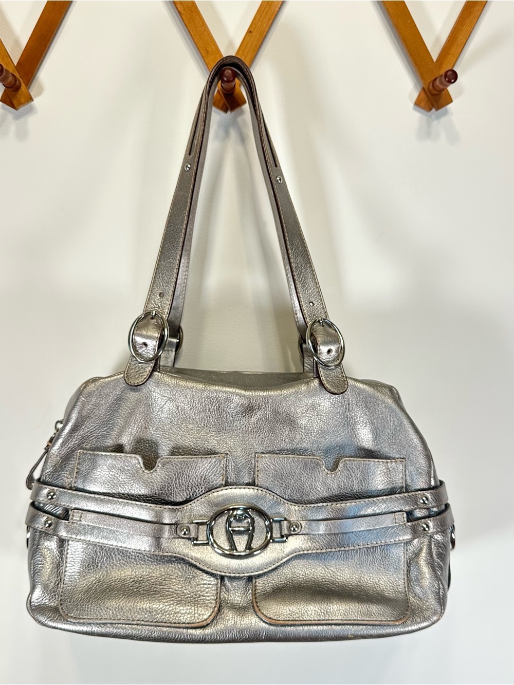 Y2K Etienne Aigner Metallic Silver Leather Logo Buckle Shoulder Bag Purse
